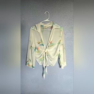 Cream and Blue 3/4 Sleeve Tie-Front Blouse with Sailor Collar